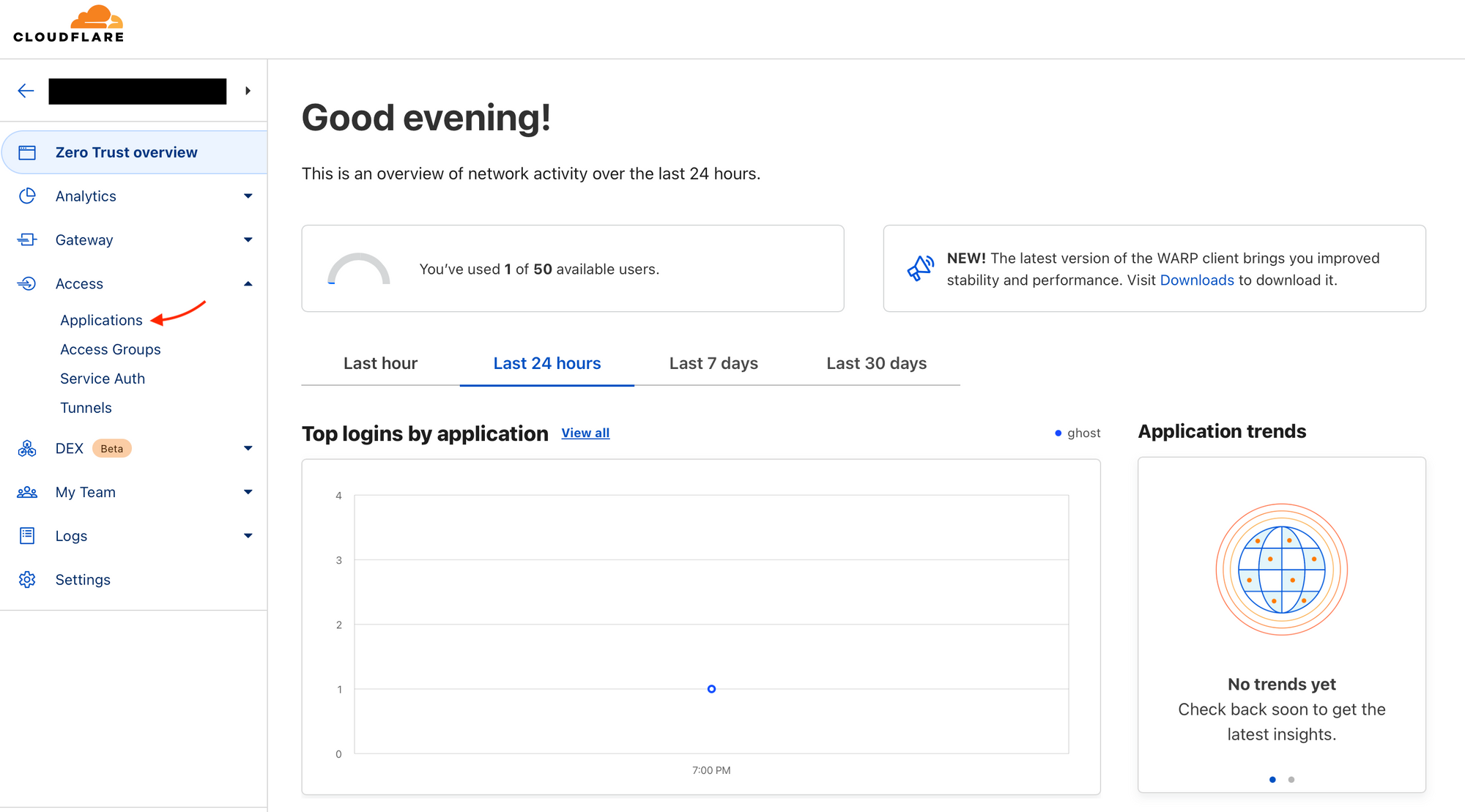 Zero Trust overview page, highlighting the Applications menu option. 