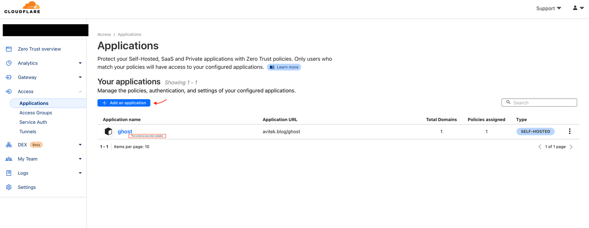 Zero Trust applications page, highlighting the "Add an Application" button. 