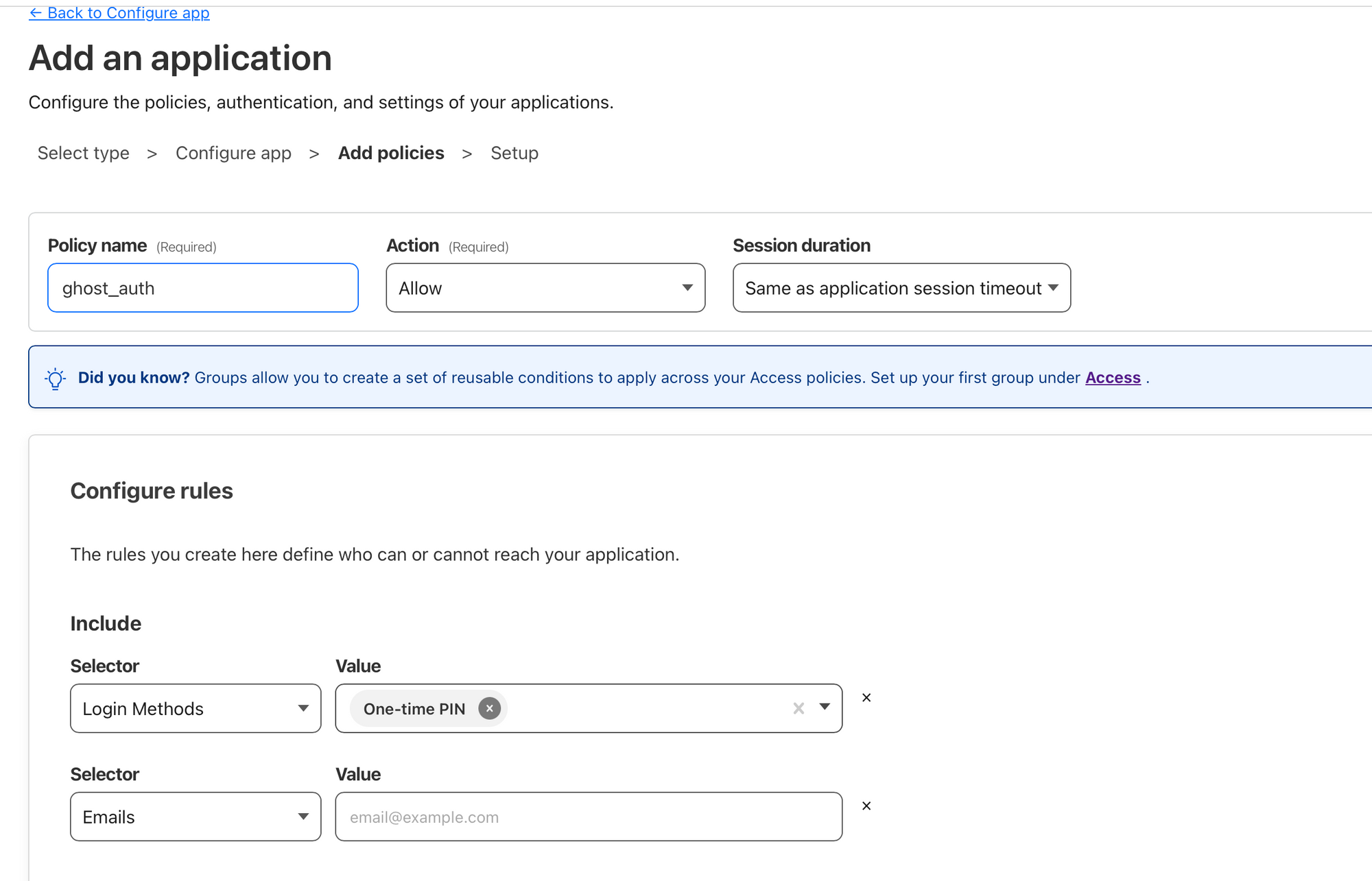 Policy setup page.